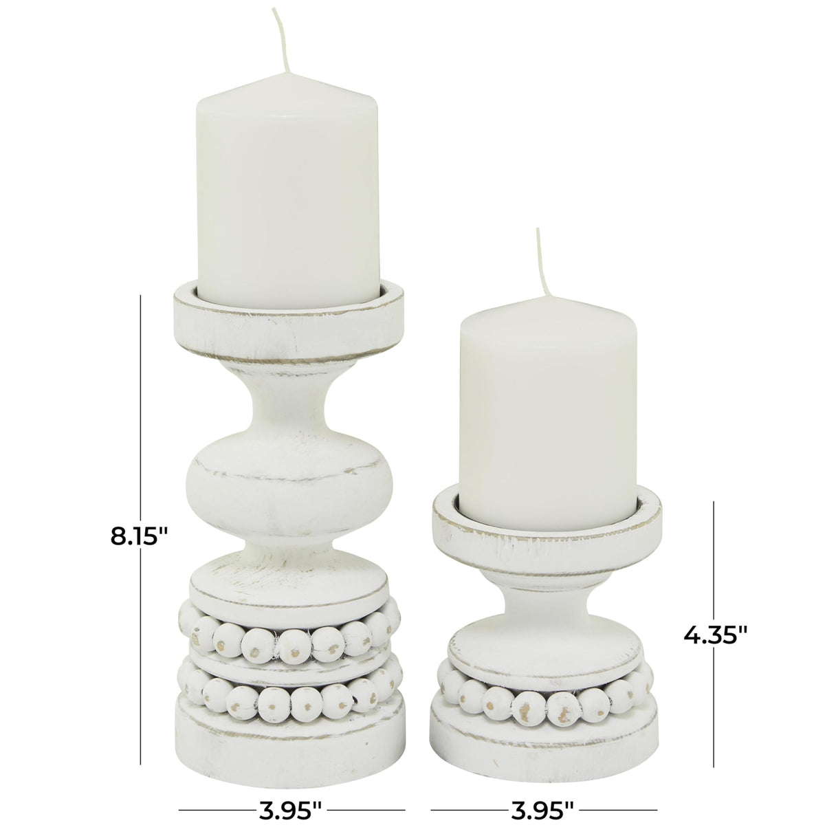 Deco 79 Wood Decorative Candle Holder Beaded Pillar Candle Stand, Set of 2 Candlestick Holder 8", 4"H, White