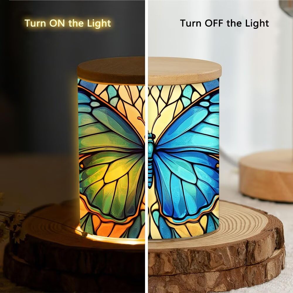 Stained Glass Butterfly Home Decoration Tea Light Candle Jar Candlesticks, LED Tealight Candleholder, Blue Flowers Tealight Candle Holders with Bamboo Lid for Table Centerpiece Party Decor