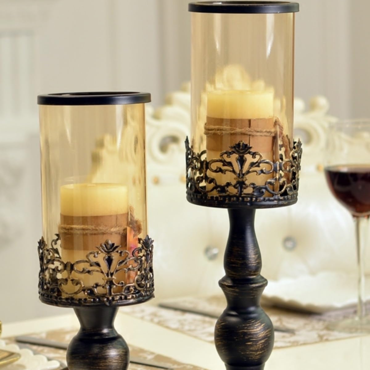 YUHUAWF Candle Holderss Retro Old Candlestick Home Living Room Porch Glass Ornaments Wedding Decoration Candle Holder Decorative Candlestick(Small)