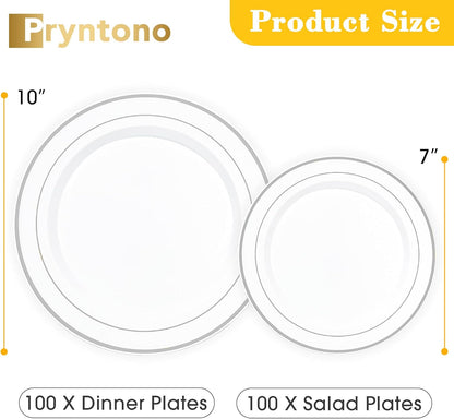 Regine Switzerland Disposable Plastic Plates - 200PCS Silver & White Dinner and Dessert Plates for Parties & Weddings