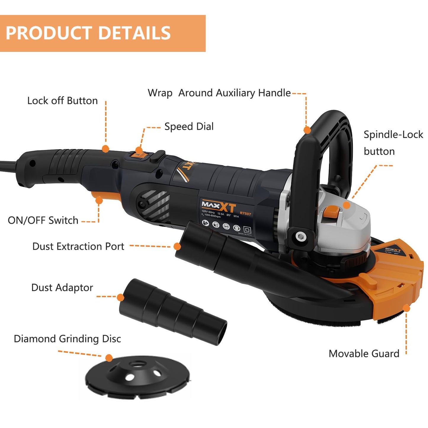 MAXXT 5 Inch Concrete Surfacing Grinder, 1500W 14A Motor, 7 Adjustable Speed Angle Grinder Kit with Diamond Disc, Removable Guard, Concrete Sander for Polishing and Grinder Stone Cement Marble Granite