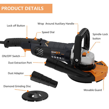 MAXXT 5 Inch Concrete Surfacing Grinder, 1500W 14A Motor, 7 Adjustable Speed Angle Grinder Kit with Diamond Disc, Removable Guard, Concrete Sander for Polishing and Grinder Stone Cement Marble Granite