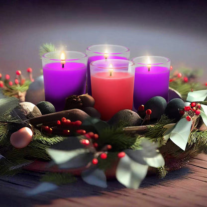 Purple and Pink Christmas Advent Votive Candles in Glass, Unscented 15 Hour Soy Wax Love, Hope, Peace and Joy Candles for Christmas Wedding Table Home Spa Holidays Party, 4 Packs