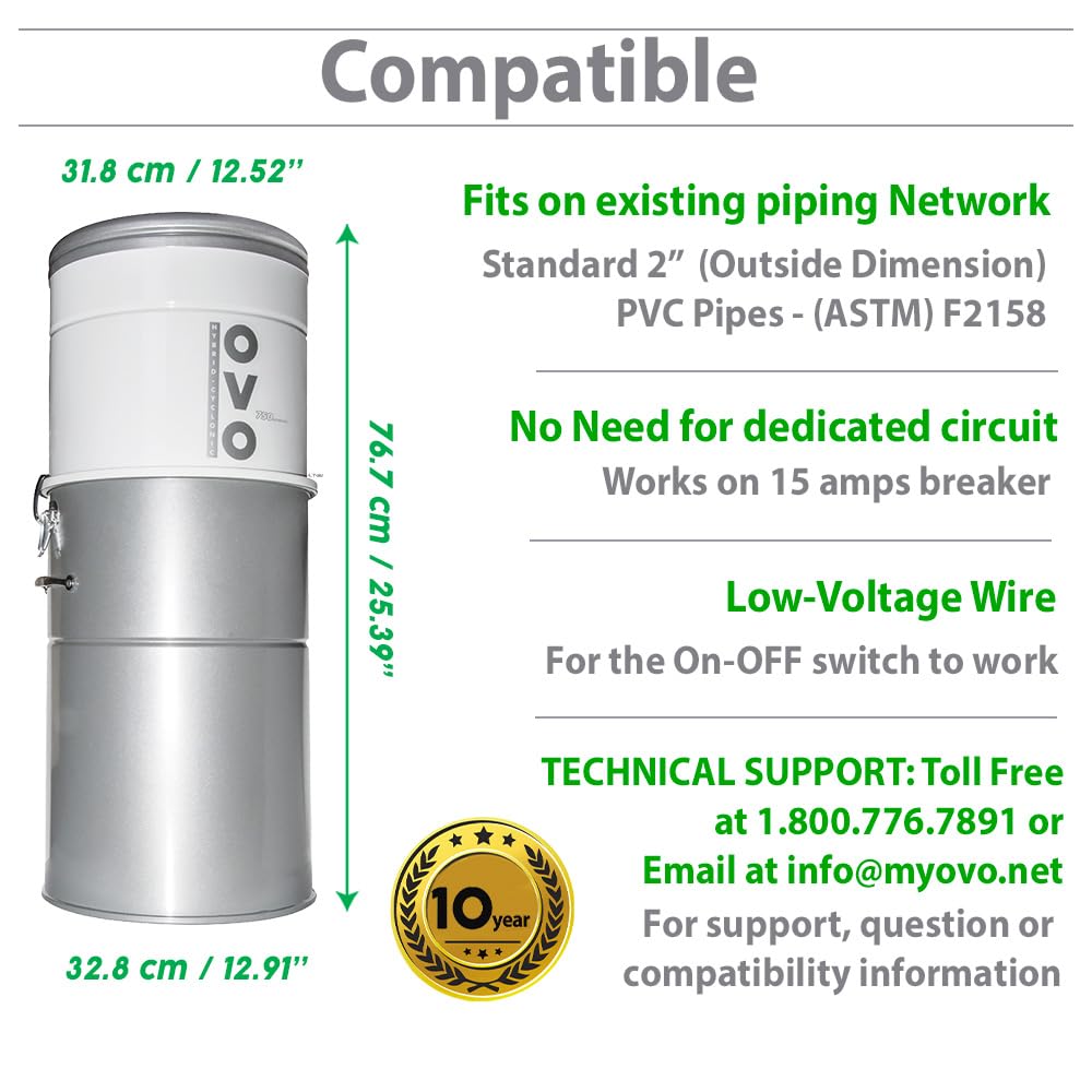 OVO 750 Airwatts Heavy Duty Powerful Central Vacuum System, Hybrid Filtration (with or Without Disposable Bags) 35L or 9.25Gal Bottom Load Dust Bin