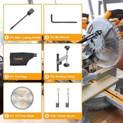 Hoteche 10-Inch Miter Saw 15A Sliding Compound Single Bevel Chop Saw with Laser Guide and TCT Saw Blade for Wood and Metal Working