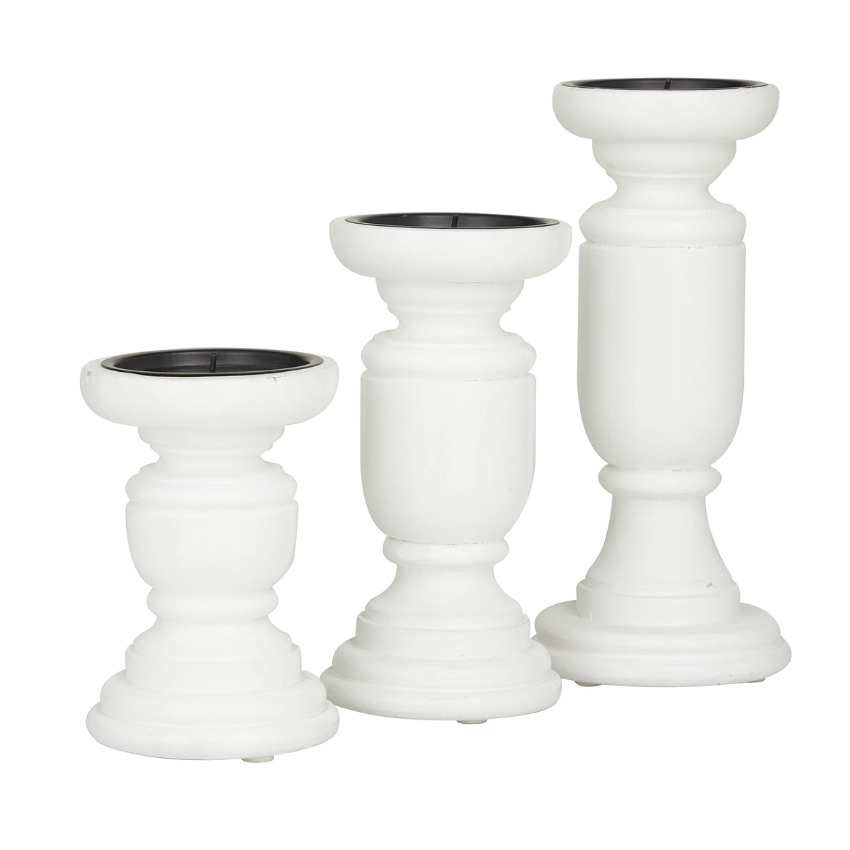 Deco 79 Mango Wood Turned Style Pillar Candle Holder, Set of 3 10", 8", 6"H, White