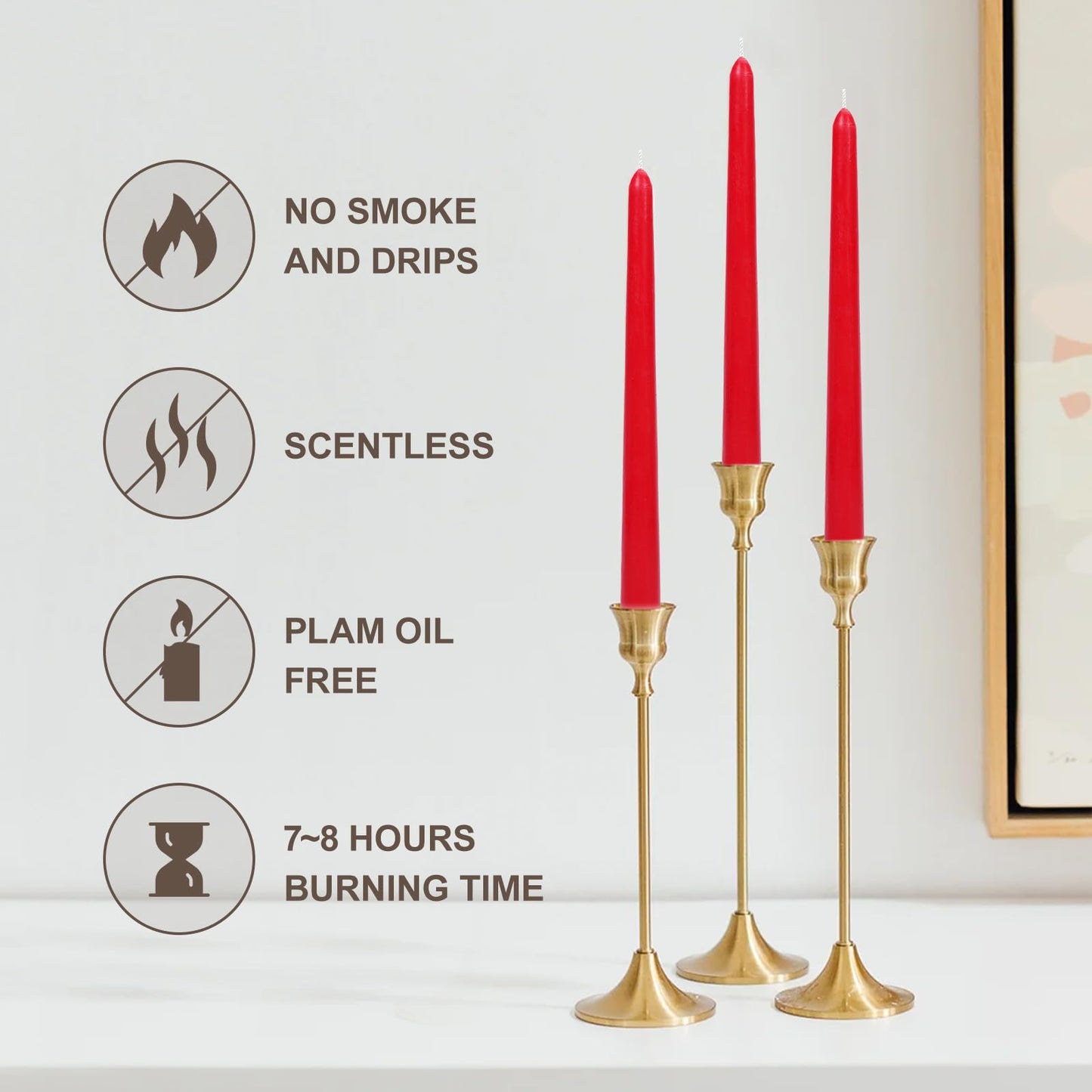 TONGKAE Taper Red Candles, Set of 4, Unscented, Smokeless, Dripless, 10 inches, Cotton Wick, 7-8 Hours Burn Time, for Dinner, Wedding, Party, Holiday, Religious Events, Home Decor