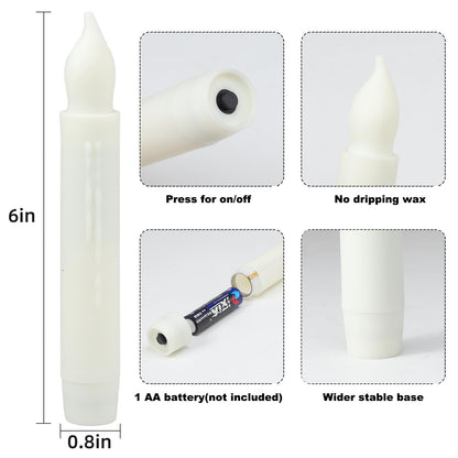 Lezonic Flameless Battery Operated Candlesticks Flickering, 24Pcs White LED Battery Christmas Window Candles, 6 Inch Short Taper Candles Hanging Halloween Floating by Touch, No Remote