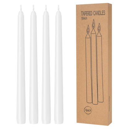 4 Pack White Taper Candles - Taper Candles 10 Inch Dripless, Smokeless & Unscented - 8 Hours Long Burning - Hand Poured Tall Candlesticks - Ideal for Weddings, Dinner Parties, and Home Decor