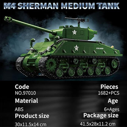 WW2 Military Tank M4 Pershing Heavy Building Block Set 1703 Pcs WW2 Model with Rotating Gun &amp Figures Army Toys for Adults &amp Collectors