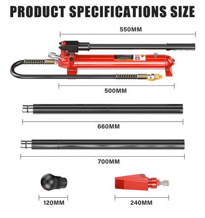 Hydraulic Body Repair Kit 12 Ton, Portable Automotive Floor Jack Ram Pump Set, All Steel Frame Straightening Tool with Extension Tubes, Spreader & Wedge Heads