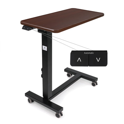 Vaunn Medical Electric Overbed Table Bedside Height Adjustable Table with Wheels (Electric-Powered, Hospital and Home Use) - Brown (Side Control Panel)