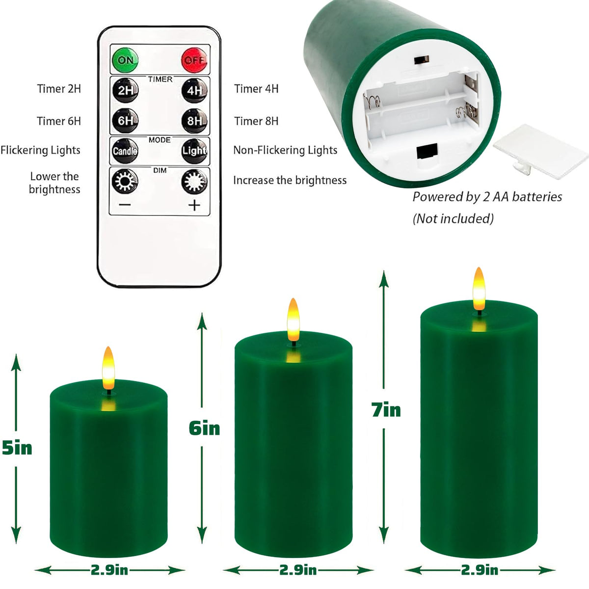 Green Flameless Candles, Set of 3 Flickering LED Candles with Remote & Timer, Dimmable Real Wax Electric Pillar Candles Battery Operated, Candles Light for Home St. Patrick's Christmas Decor (Green)