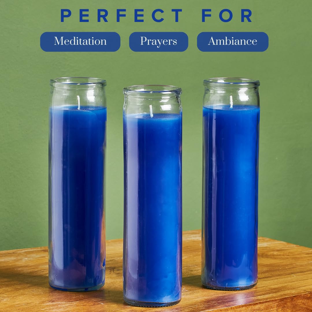 Simply Soson 2x8 inch Blue Devotional Candles in Glass Jar - 3 Pack - 90 Hours – Prayer Candle - Tall Pillar Candles for Religious, Memorials, Party Decor