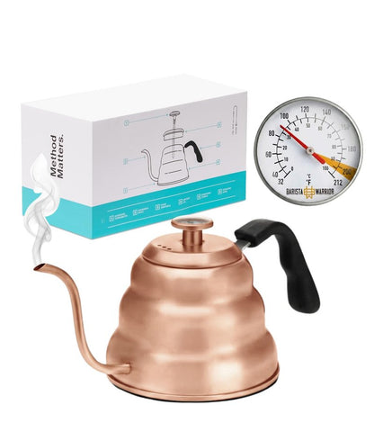 Barista Warrior Gooseneck Kettle with Thermometer - 1.2L Pour Over Coffee & Tea Kettle, Copper Coated Stainless Steel Gooseneck Kettle Pot, Precision Pour Drip Spout, Suitable for All-Stoves (40 floz)