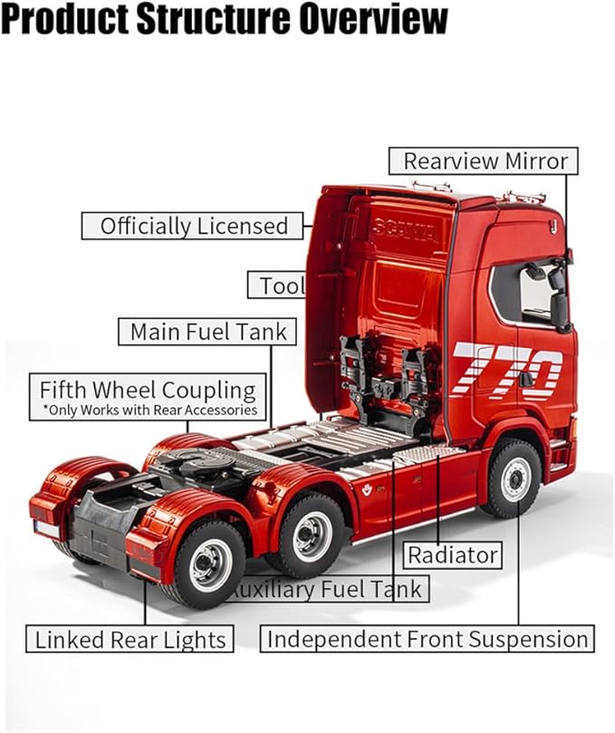 770S 1/18 RC Semi Trailer 6x4 Heavy Duty Tractor Truck with Rear Wheel Drive Adult Collectible Model (Red)