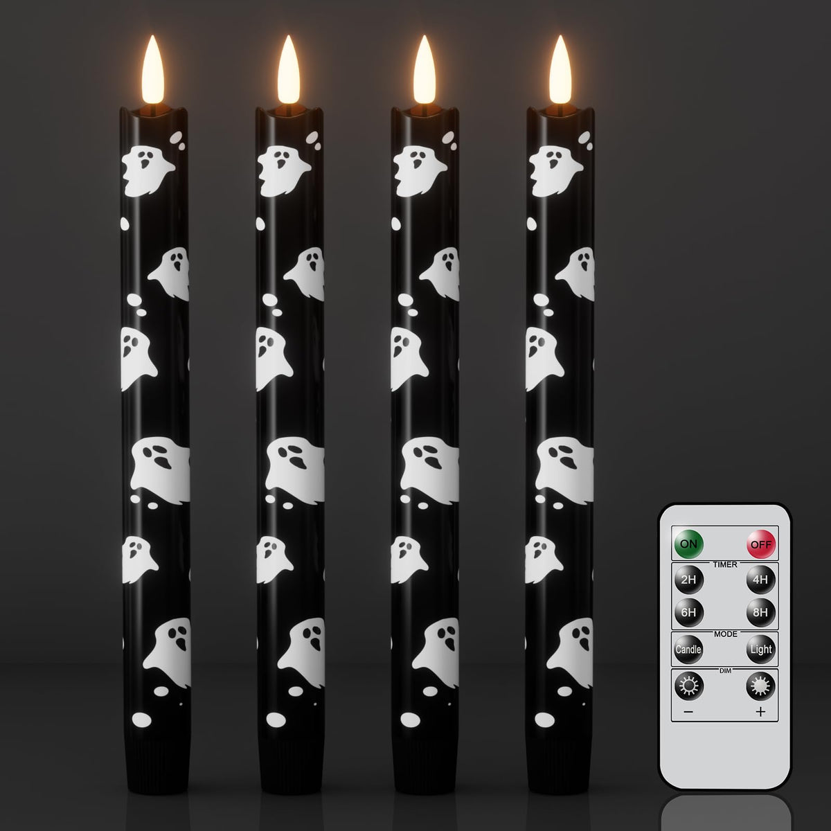 Wondise Black Halloween Flameless Taper Candles with Remote & Timer, Halloween Battery Operated Ghost Candles Waxy with 3D Wick Flickering for Halloween Decorations