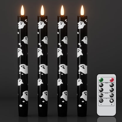 Wondise Black Halloween Flameless Taper Candles with Remote & Timer, Halloween Battery Operated Ghost Candles Waxy with 3D Wick Flickering for Halloween Decorations