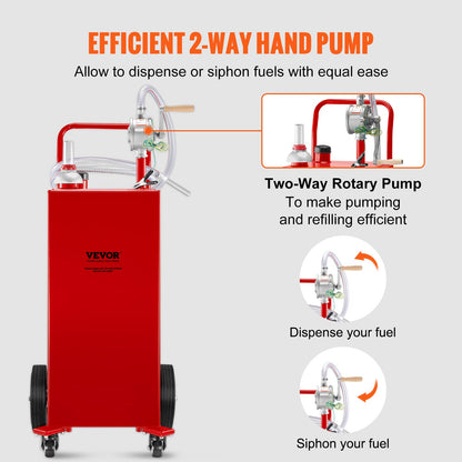 VEVOR Fuel Caddy 35 Gallon, Gas Storage Tank on 4 Wheels, with Manual Transfer Pump, Gasoline Diesel Fuel Container for Cars, Lawn Mowers, ATVs, Boats & More, Red