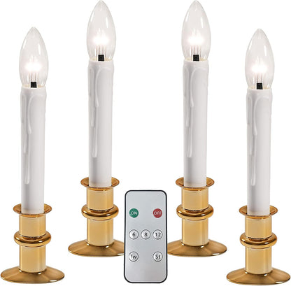 612 Vermont Ultra-Bright LED Window Candles with Timer, Remote Control, Twinkle/Steady LED Light, Battery Operated, Slim Metal Base, VT-9167-R4-BW (Pack of 4, Polished Brass)