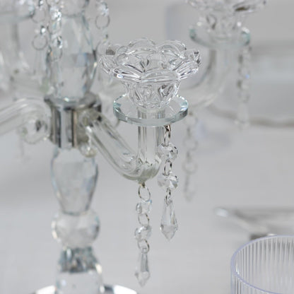 Efavormart Crystal 5-Arm Candelabra Taper Candle Holder with Hanging Prisms & Round Mirror Base – Faceted Cut Glass Design - 14" Tall