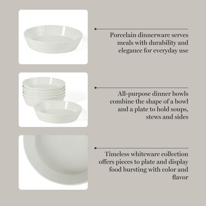 Martha Stewart Selma Pasta Bowls Set of 6, 43oz White Porcelain Soup Bowls & Salad Bowl, Wide and Shallow, Chip Resistant, Dishwasher & Microwave Safe
