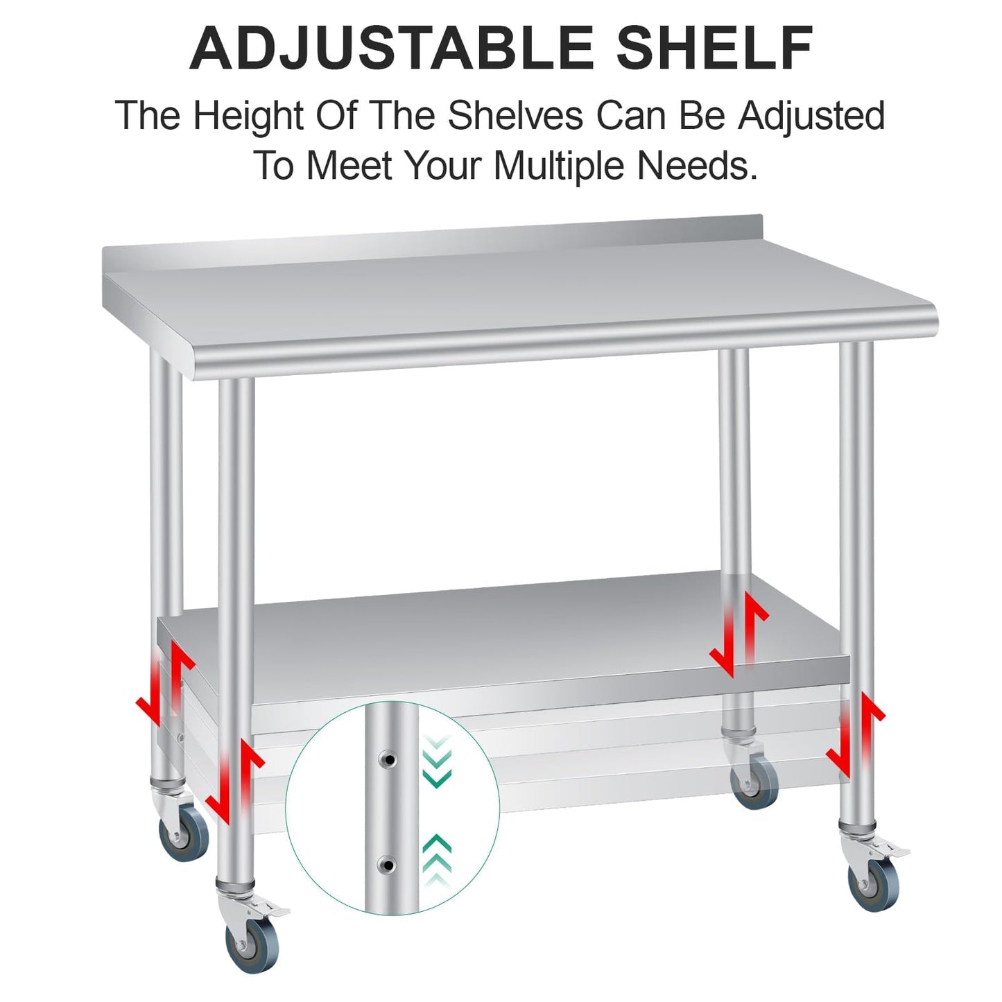 Stainless Steel Prep Table, 48 x 24 inches, with Backsplash & 4 Wheels, Adjustable Undershelf, Commercial Heavy Duty Table with Adjustable Under Shelf for Outdoor Use,Restaurants,Hotels,Works