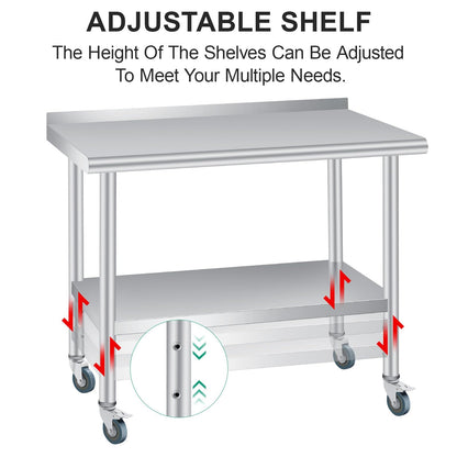 Stainless Steel Prep Table, 48 x 24 inches, with Backsplash & 4 Wheels, Adjustable Undershelf, Commercial Heavy Duty Table with Adjustable Under Shelf for Outdoor Use,Restaurants,Hotels,Works
