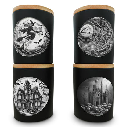 NATIKON 9oz Black Glass Candle Jars with Airtight Lids - Pack of 4 with Haunted House, Castle & Witch Designs for Candle Making & Storage (4)