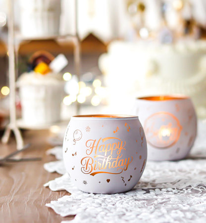 Happy Birthday Decorations White Glass Tealight Votive Candle Holders Set of 4, Birthday Gift Decor with Balloon Carvings, Birthday Party Centerpieces Table