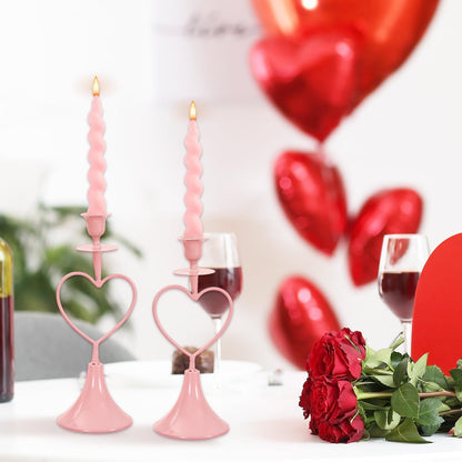 JarThenaAMCS 2Pcs Valentine's Day Taper Candle Holder Pink Heart Tall Metal Candle Stick Holder for Wedding Anniversary Party Table Centerpiece Decoration