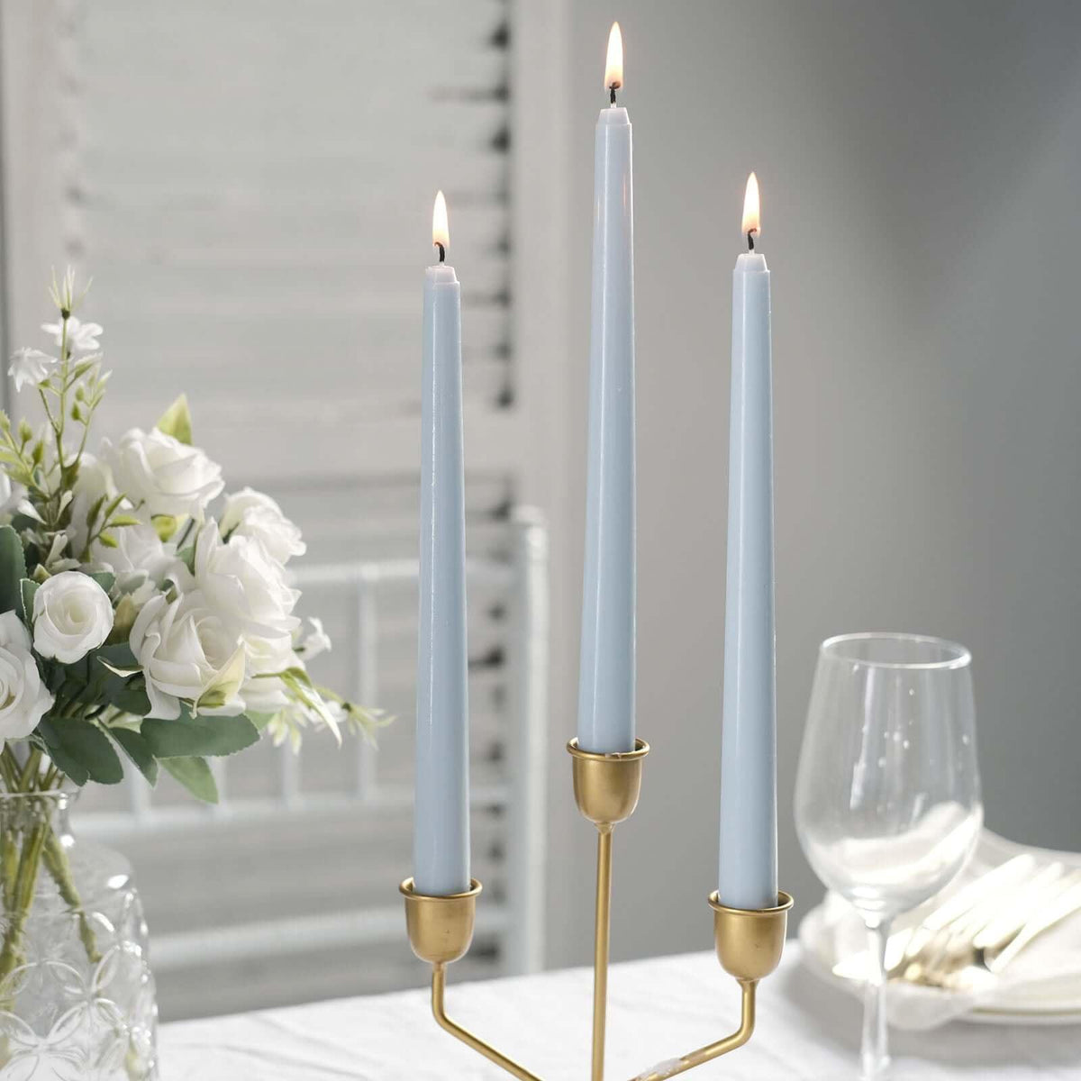 Tableclothsfactory 10" Tall Premium Quality Dripless Unscented Dusty Blue Taper Candles Wedding Dinner Candles for Wedding Decoration Set of 12