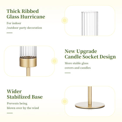Gold Hurricane Taper Candle Holders: Glasseam 3Pcs Brass Candlestick Holders with Ribbed Glass Cylinder Cover Fluted Tall Candle Sticks Holder Decor for Table Centerpiece Wedding Christmas Decorations