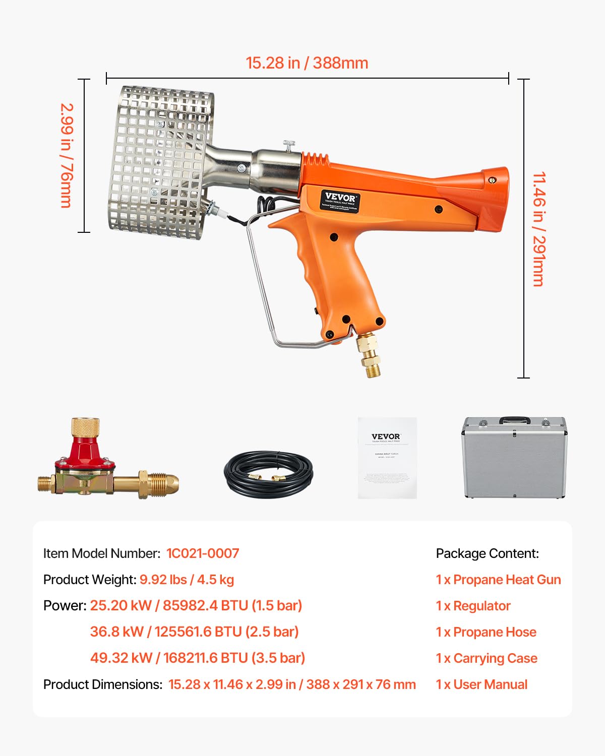 VEVOR Propane Heat Gun, Up to 187660 BTU Hot Air Gun with Adjustable Regulator, 26 FT Hose, and Hard Carrying Case, Ideal for Boat Plastic Film Shrink Wrapping, Pallet Packaging, Crafting