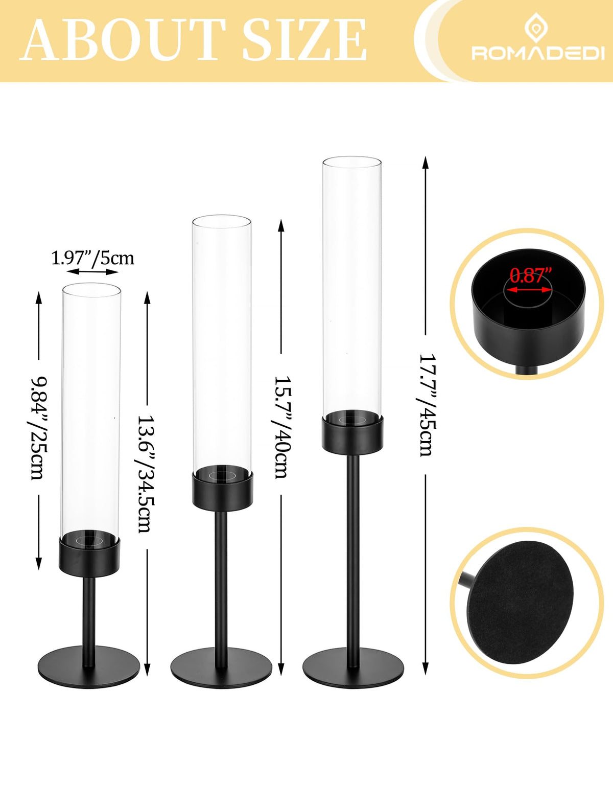 Romadedi Black Candlestick Holders Hurricane - Metal Taper Candle Holder Tall Windproof Glass Cylinder for Indoor Outdoor Table Centerpiece Christmas Halloween Modern Home Decor Set of 3