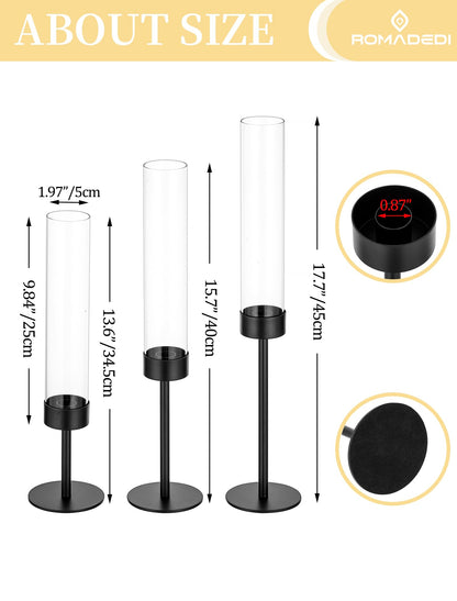 Romadedi Black Candlestick Holders Hurricane - Metal Taper Candle Holder Tall Windproof Glass Cylinder for Indoor Outdoor Table Centerpiece Christmas Halloween Modern Home Decor Set of 3