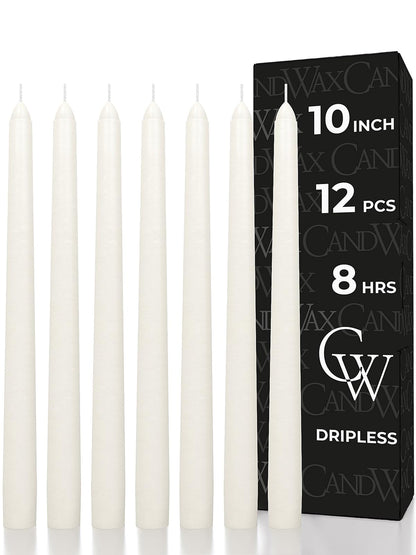 CANDWAX 10 inch Tapered Candles - Set of 12 Pearl Unscented Dripless Candlesticks - Perfect for Dinner - Ivory Candle