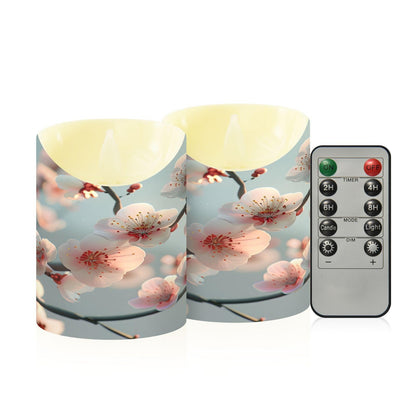 ALAZA Spring Pink White Flower Branches Flickering Flameless Candles Battery Operated with Remote Timer,Tea Light Candles LED Pillar Votive Set of 2 for Outdoor Indoor Decorations 3" x3.9"