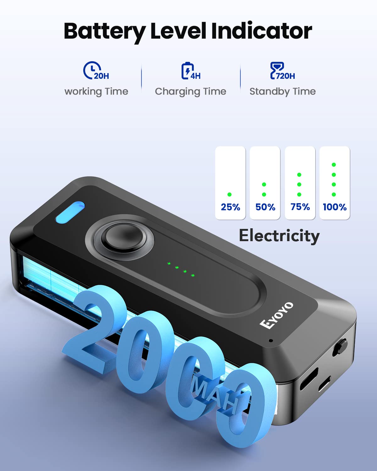 2-Pack Eyoyo 2D Bluetooth Barcode Scanner Wireless with Clip, 2000mAh Battery with Level Indicator, Portable Mini Barcode Reader for Library Inventory Compatible with iPhone, iPad, Android Phone