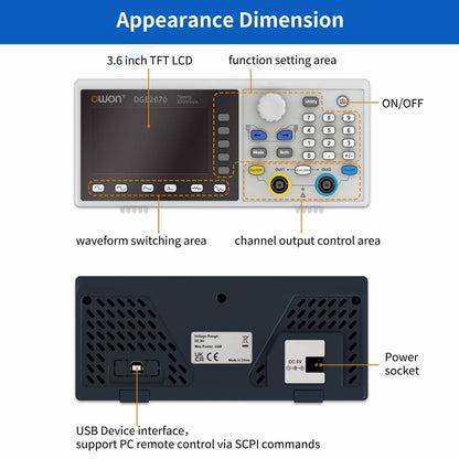 OWON DGE2070 70MHz Dual Channel Arbitrary Waveform Generator, 300MSa/s Sampling Rate, 14-Bit Resolution, 150 Built-in Waveforms, 3.6” LCD, Portable Signal Generator for Lab & Electronics Testing