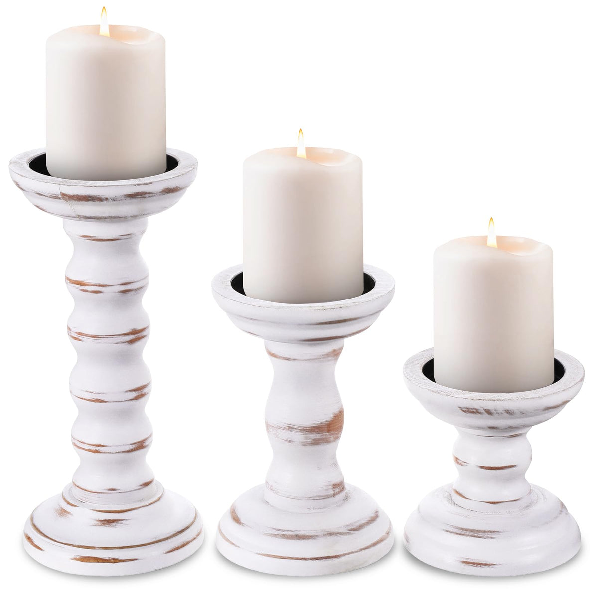 Rustic Candles Holder Set of 3 Farmhouse Wood Candle Holders Rustic Wooden Candle Stand Decorative Wood Candlestick Holdersfor Living Room, Table Centerpiece Dining Fireplace(White)