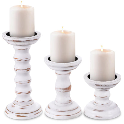 Rustic Candles Holder Set of 3 Farmhouse Wood Candle Holders Rustic Wooden Candle Stand Decorative Wood Candlestick Holdersfor Living Room, Table Centerpiece Dining Fireplace(White)