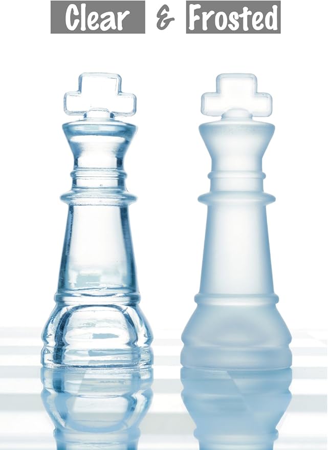 Gamie Premium Glass Chess Set 12 Inch - Elegant Design - Durable Build - 32 Frosted and Clear Pieces - Felted Bottoms - Easy to Carry - Stable &amp Fully Functional for Chess Lovers
