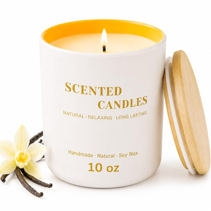 Lanttu Vanilla Scented Candle for Home Decor, 10 oz Natural Soy Wax Jar Candles, 39 Hours Long Lasting Burning Candles for Mom Friend Birthday Housewarming Gift