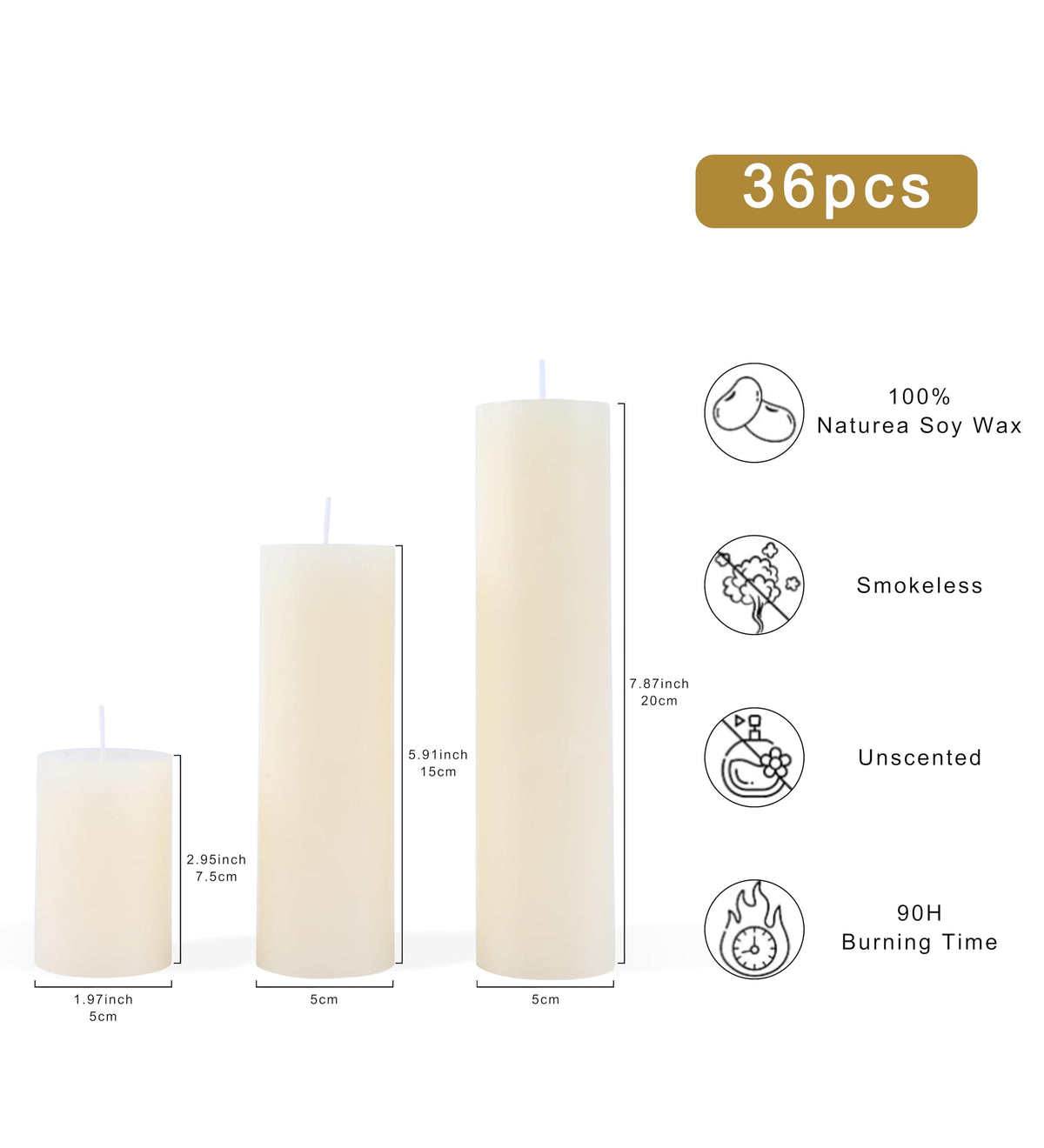 EAKE 36 Pcs Pillar Candles, Unscented Ivory White Pillar Candles, Smokeless Long Burning Wax Candles for Wedding Centerpieces, Valentines Day, Fireplace, Special Occasion, 2 in by 3, 5.9, 7.8IN