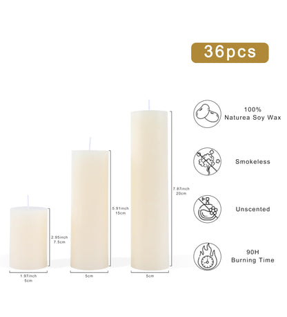 EAKE 36 Pcs Pillar Candles, Unscented Ivory White Pillar Candles, Smokeless Long Burning Wax Candles for Wedding Centerpieces, Valentines Day, Fireplace, Special Occasion, 2 in by 3, 5.9, 7.8IN