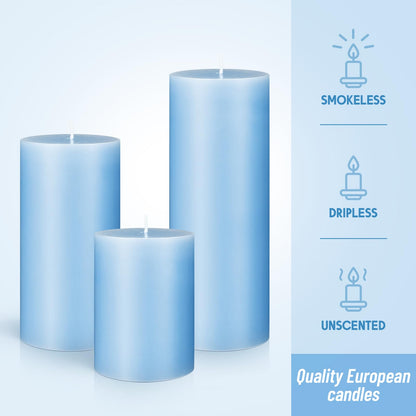 Sumind Set of 12 Pillar Candles Bulk 3"x 4", 6", 8" Dripless Unscented Poured Candles Long Clean Burning Tapers for Wedding Rustic Party Spa Bath Home Decor Relaxation All Occasions(Blue)