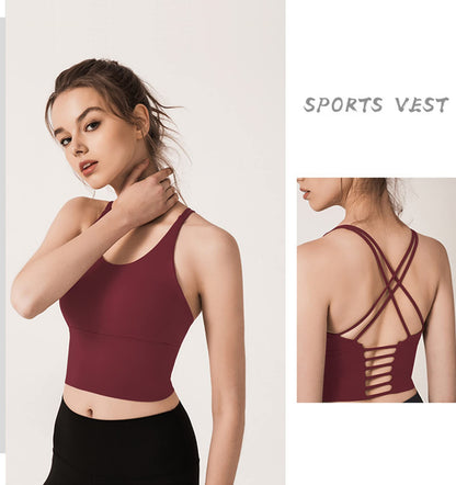 Redqenting Longline Sports Bra for Women with Removable Padded,Sexy Criss Cross Back Strappy Yoga Bras Workout Tank Tops Red