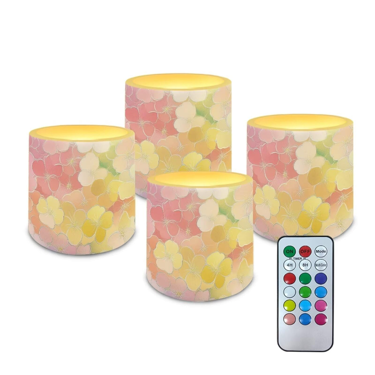 Cozeyat Colorful Floral Flameless Candles 4 Pack Battery Operated with Remote Control Timer LED Pillar Candles Waterproof for Home Patio Beach Garden