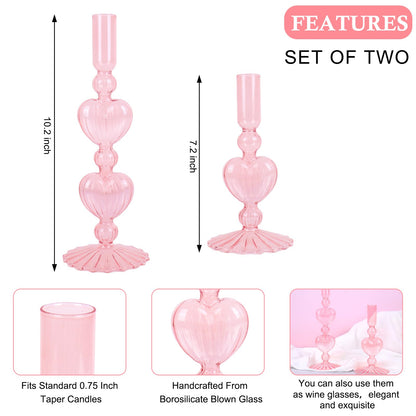 JarThenaAMCS 2Pcs Valentine's Day Glass Candlestick Holders Pink Heart Glass Taper Candle Holder Valentines Heart Candle Stick Vase Decor for Galentine's Day Wedding Festival Party Table Centerpiece